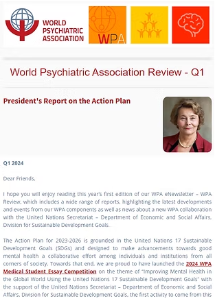 We are thrilled to share that the latest edition of the WPA Review for Q1 2024 is now available! Similar to past editions, all WPA members will receive this eNewsletter via email, featuring concise reports from our esteemed members around the globe. Additionally, you can access this edition, along with previous ones, on our website. The Q1 2024 issue of the WPA Review includes a wide range of reports, highlighting the latest developments and events from our WPA components as well as news about a new WPA collaboration with the United Nations Secretariat – Department of Economic and Social Affairs, Division for Sustainable Development Goals.